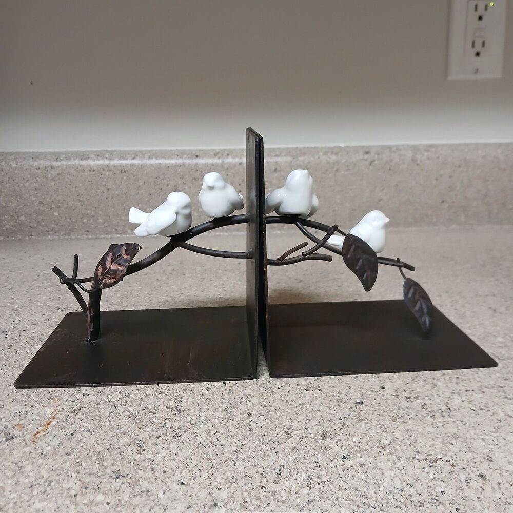 Pair Of Ceramic Birds on Branch Metal Bookends 5.75"×5.75"